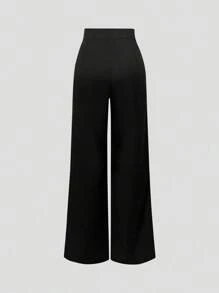 Sweetra Petite Petite Women Casual Versatile Straight Leg Pants With Button Decoration, Black Fall Cloth For Women
