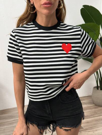 EURMUSE Summer Contrasting Colors Heart Print Black And White Striped Short Sleeves Fit Tee, Casual Style