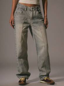 MUSERA Seam Detail Mid Rise Slim Straight Leg Denim Jeans With Belt Loops Spring 90's Cute Summer Concert Fall Autumn Winter Nashville Casual Fall Autumn Back To School Office Work  Chic