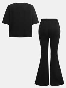 SHEIN Girlism 2pcs Tween Girl Casual Lace Bow Pattern T-Shirt And Long Pants Set, Suitable For Spring & Summer Summer Outfits - Black - View 2