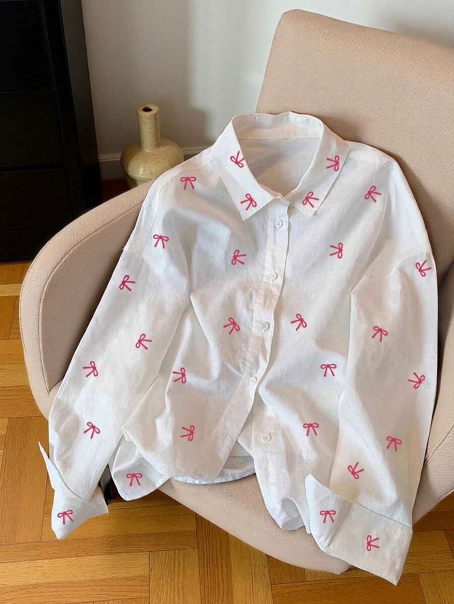 SHEIN 女款休閒法式可愛寬鬆蝴蝶結印花長袖襯衫,秋季日常上學穿搭,粉色與白色 - 彩色 - 查看 1