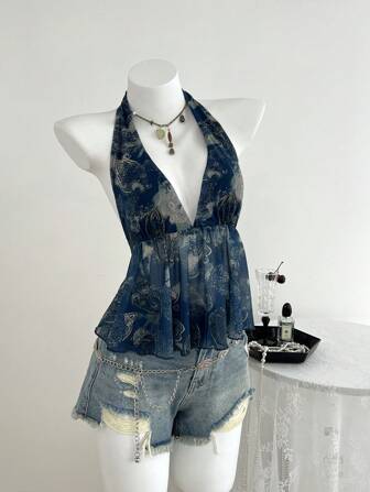 Elamini Blusa de cuello en V con estampado retro y atar en la espalda, adecuada para vacaciones de primavera y verano