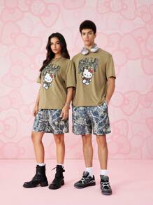 HELLO KITTY AND FRIENDS | SHEIN Men's Letter & Cartoon Pattern T-Shirt And Shorts 2pcs Set - Army Green - View 5