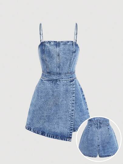 SHEIN MOD 女士修身牛仔连体衣，蓝色