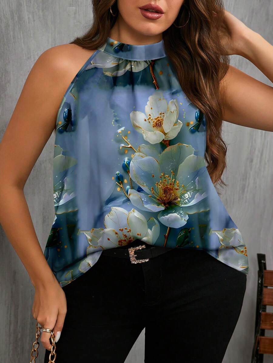 SHEIN Clasi Plus Size Floral Print Sleeveless Shirt, Casual & Suitable For Summer Suitable For Going Out Chic Blouses For Women - Multicolor - View 1