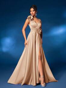 Glamrae Elegante y lujoso vestido largo rosa con escote en V, decoración bordada, abertura alta y dobladillo con vuelo y cola, vestido de noche formal - Albaricoque - Ver 4