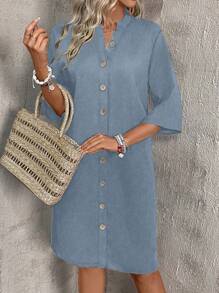 SHEIN LUNE Women's Casual Solid Color Front Button Dress, For Vacation