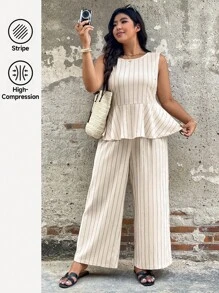 SHEIN LUNE 2件套加大码套装 - 条纹印花圆领无袖上衣和长裤