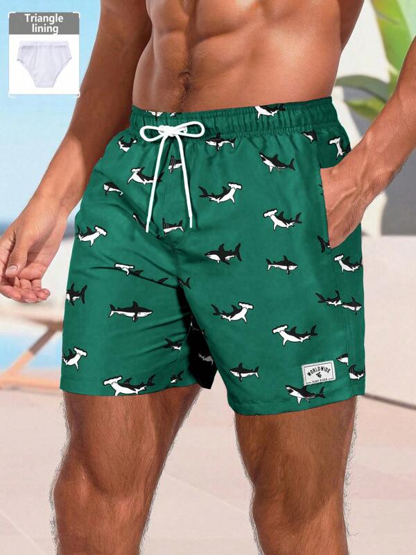 Manfinity Swimmode Men Simple Print Casual Swimwear, Hawaiian Mens Swim Trunks Funny