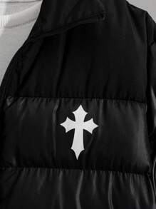EURMUSE Men Shiny Fabric Cross Printed Regular Hooded Wintercoat - Black - View 6