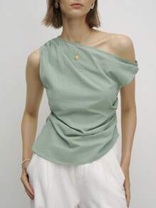 Airaco Damen Sommer Bluse mit asymmetrischem Ausschnitt, plissiert, Einfarbig, Lässig - Grün - Übersicht 5