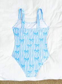 SHEIN 1pc Girls Onepiece Striped Swimsuit, Fashionable Beach & Party Swimwear Teen One Piece Swimsuit Girls Swimwear Teen Bathing Suit Tween One Piece Swimsuit Girls One Piece Bathing Suit Summer Holiday - Blue and White - View 6