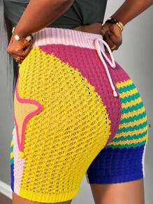 Slaydiva Pantalon court à jambes larges en laine contrastée avec décoration d'étoiles vintage, pour une tenue d'été 2025 casual, de rue et de rendez-vous. Pantalon femme