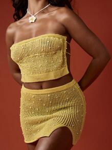 MISSGUIDED Conjunto de dos piezas de verano de punto para playa, festival, minifalda cubretraje, conjunto de ropa de resort, tejido a ganchillo para vacaciones y uso en la piscina - Amarillo - Ver 6