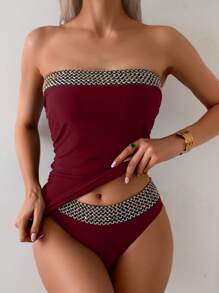 Swim Lushoire Women's Ribbon Bandeau Top And Triangle Bottoms Tankini Set For Summer Beach Vacation - Burgundy - View 1