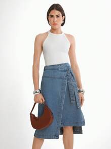 Daynim 女式不对称侧系带休闲牛仔迷你裙 - 中等水洗藍 - 查看 3