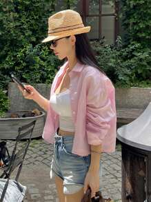DAZY Áo sơ mi nữ tay dài màu hồng cổ bẻ rộng rãi, dáng rộng, màu trơn, mùa thu - Hồng - Xem 5