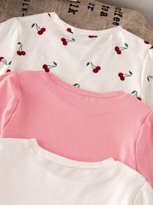 Genkimix Kids 6pcs/3sets Young Girl T-Shirt & Shorts Set, Cherry Print Clothes Outfit For - Multicolor - View 3