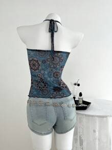 Elamini Maiou de damă cu imprimeu floral albastru vintage, cu guler halter, stil vacanță de primăvară/vară - Multicolor - Vizualizare 2