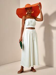 Slaydiva Size Frill Trim Tube Top And Elastic Waist Wide Leg Pants For Summer Leisure