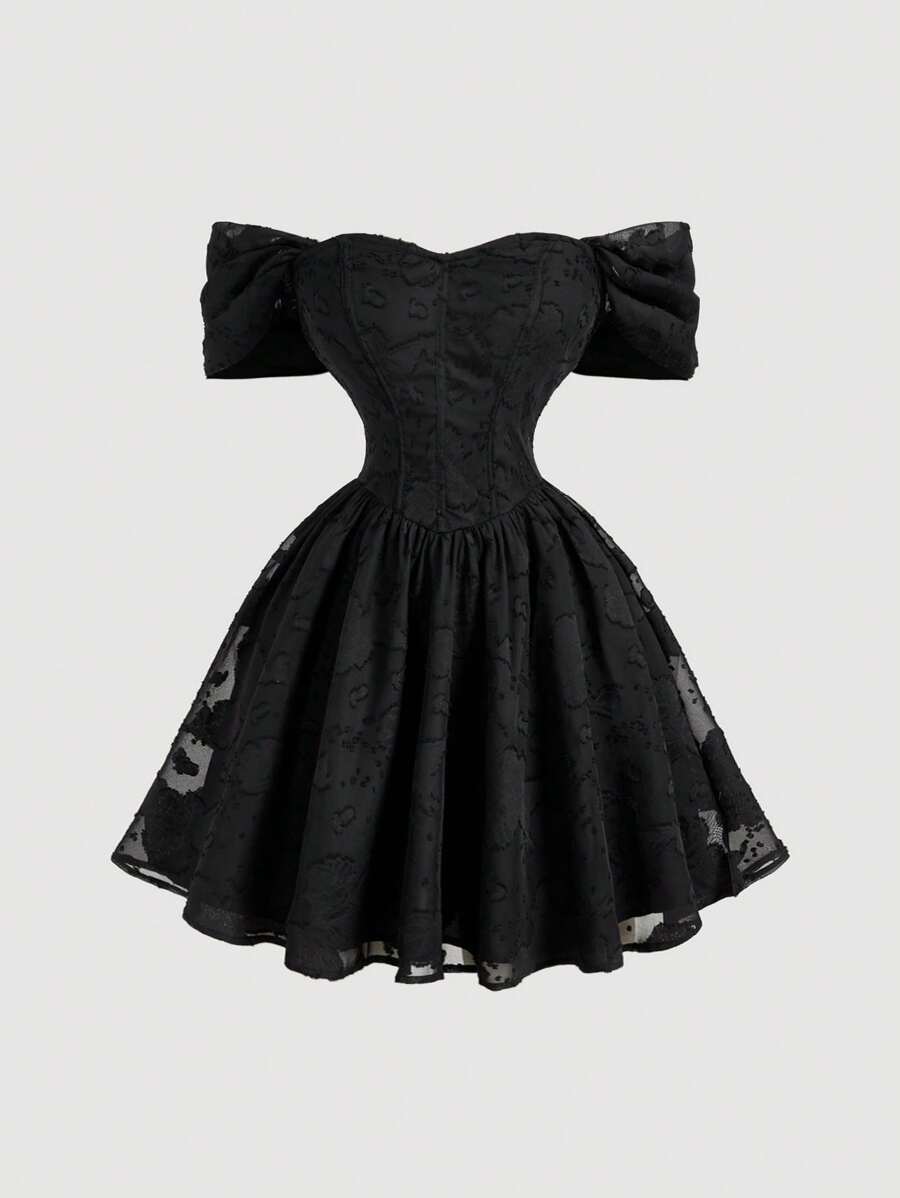 SHEIN MOD 女士白色露肩浪漫连衣裙，适合约会、情人节、度假、黑色正式晚礼服、黑色修身正式连衣裙、法式度假连衣裙、露台休闲装、魅力连衣裙、下午茶优雅连衣裙、约会之夜修身装、女士晚宴装、束身连衣裙、女士派对连衣裙、生日连衣裙、婚礼宾客连衣裙 - 黑色 - 查看 1