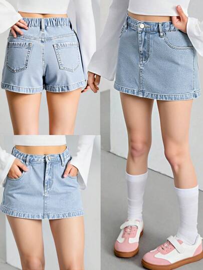 SHEIN 青春期女孩 Y2K 风格牛仔短裙，时尚做旧牛仔蓝色百搭舒适不对称裙裤，弹性腰带，适合青春期女孩