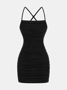 SHEIN Girlism 少女黑色网眼针织弹力贴身迷你吊带裙，露背无袖派对俱乐部装，春夏季 - 黑色 - 查看 5