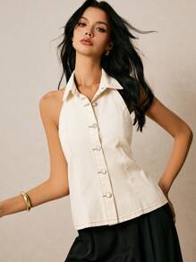 Poéselle 女式牛仔上衣 露背系带吊带衬衫 纽扣门襟 白色牛仔上衣 女式性感前扣露背吊带牛仔短款上衣 夏季衬衫 白色上衣 女式背心 白色衬衫 可爱上衣 乡村音乐会白色背心 音乐会白色女式上衣 街头服饰女式牛仔、复古风、商务休闲女式 - 杏色 - 查看 7