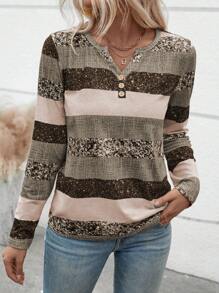 EMERY ROSE Women Striped Button Notch Neck Casual Long Sleeve T-Shirt, Random Print, Autumn Graphic Tees Women Tops For Spring Fall Cloth For Women - Multicolor - View 8