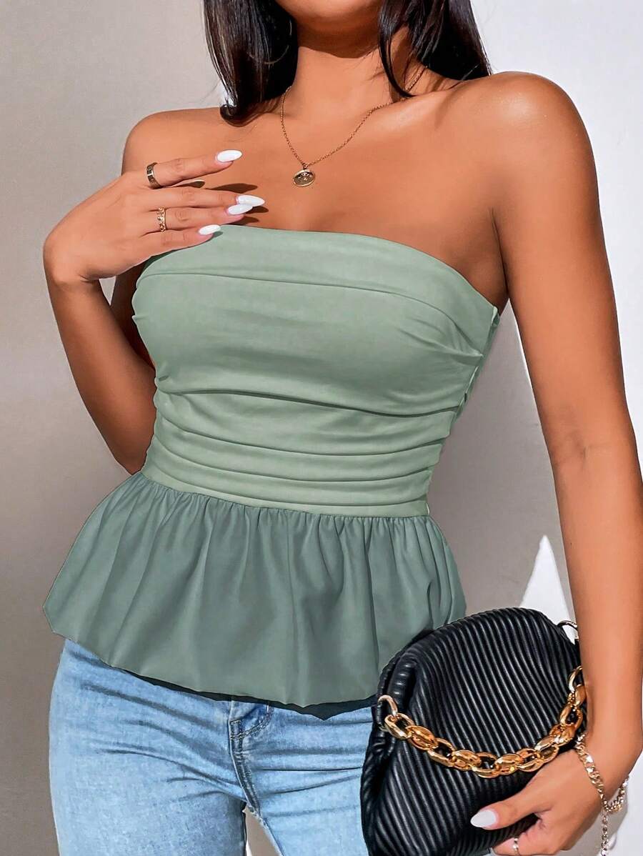 SHEIN Privé Topuri de damă, fără bretele, cu tiv cu bule, strânse, de culoare solidă