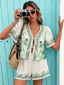 Vivid Eden Bộ 2 món dành cho nữ, áo thun tay ngắn thắt nút in họa tiết thường ngày và quần short - màu xanh lá - Xem 4