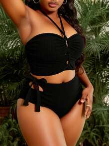 Slaydiva Summer Beach Plus Size Crisscross Tie Side Halter Bikini Set