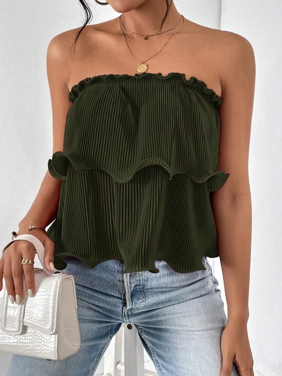 Firerie 女式夏季度假风格简约纯色荷叶边装饰抹胸上衣