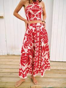 Maija 女士红色夏季套装包括露背露背短款上衣和花卉印花 A 字裙，配有松紧腰带和侧拉链，舒适的夏威夷海滩度假两件套服装