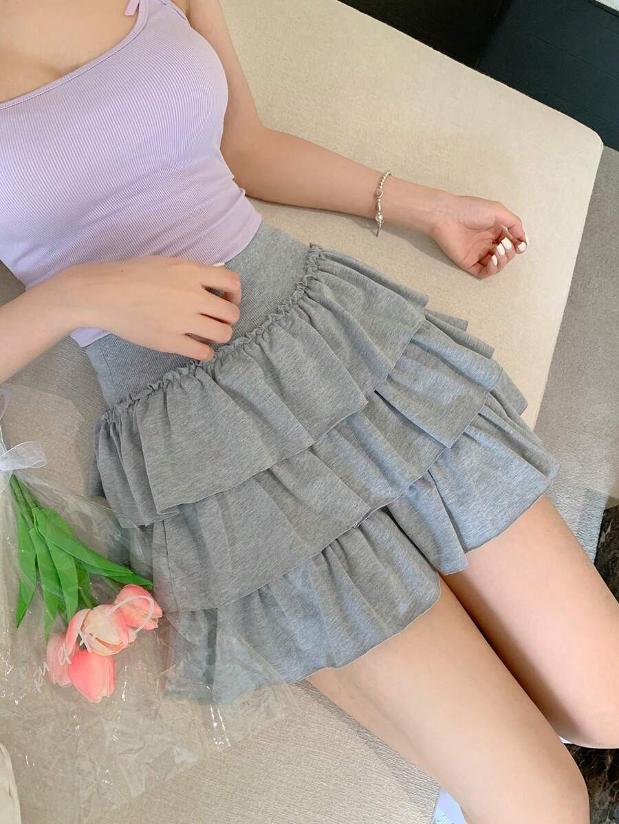 Livesso Women's Casual Korean Style Ruffle Hem Mini Skirt - Grey - View 1