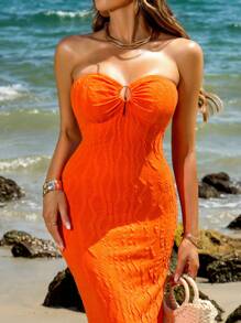 Breezaya Women'S Textured Tube Form-Fitting Orange Dress, Vacation Style - Orange - View 5