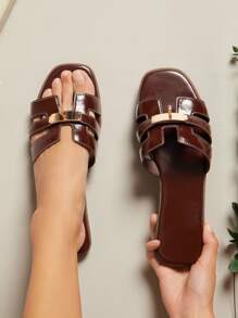 SHUZIA Luxe Essentials Women's Gold Lock Stitching Detail Square Toe Flat Glossy Pu Coffee Slide Sandals-Sophisticated, Elegant & Stylish Valentine's Day - Coffee Brown - View 3