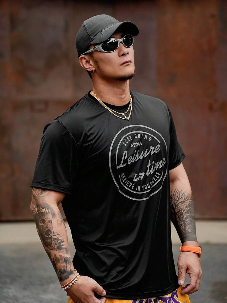 Black Letter Print Street Style Men's T-Shirt, Summer,Graphic Tees