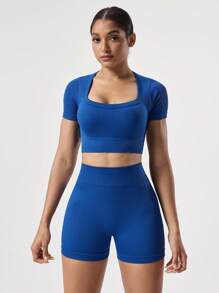 Seamluxe SHEIN Sport 2 pezzi Set di abbigliamento sportivo di base in tessuto che assorbe l'umidità, a costine, con scollo a equipaggio, adatto per fitness e allenamento yoga, colore blu navy, per donne