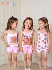 3 件套女孩少女可爱水豚心形印花蝴蝶结装饰甜美优雅水豚粉色系列吊带背心和内裤套装 - 彩色 - 查看 1