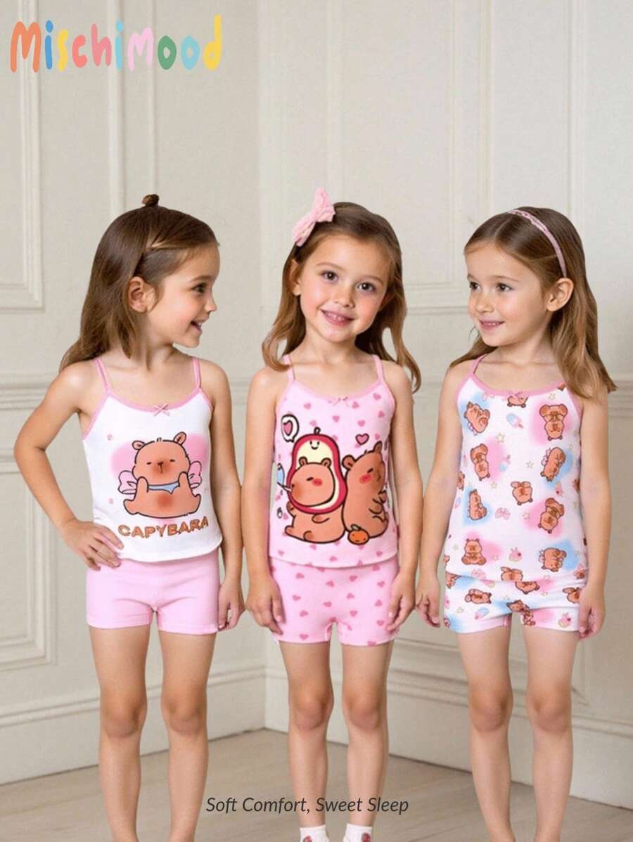 3 件套女孩少女可爱水豚心形印花蝴蝶结装饰甜美优雅水豚粉色系列吊带背心和内裤套装 - 彩色 - 查看 1