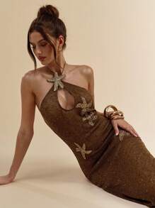 SHEIN BAE Váy bó sát màu nâu cà phê lưới đan móc họa tiết sao biển thời trang xuân/hè, váy che thân đi biển, váy móc, váy mùa hè - màu nâu - Xem 1