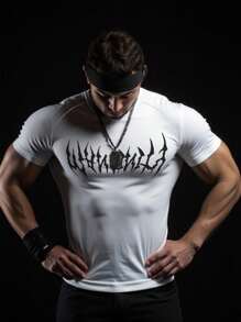 GymBeat 男士哥特字母印花插肩袖短袖运动 T 恤 运动服 跑步 T 恤和背心 健身服 运动衬衫 运动上衣 健身上衣 透气修身圆领衬衫 - 白色 - 查看 3