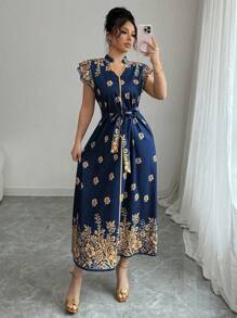 Elenzga Rochie de damă cu imprimeu floral, decolteu crăpat, volane, cu curea, stil de vacanță, vară