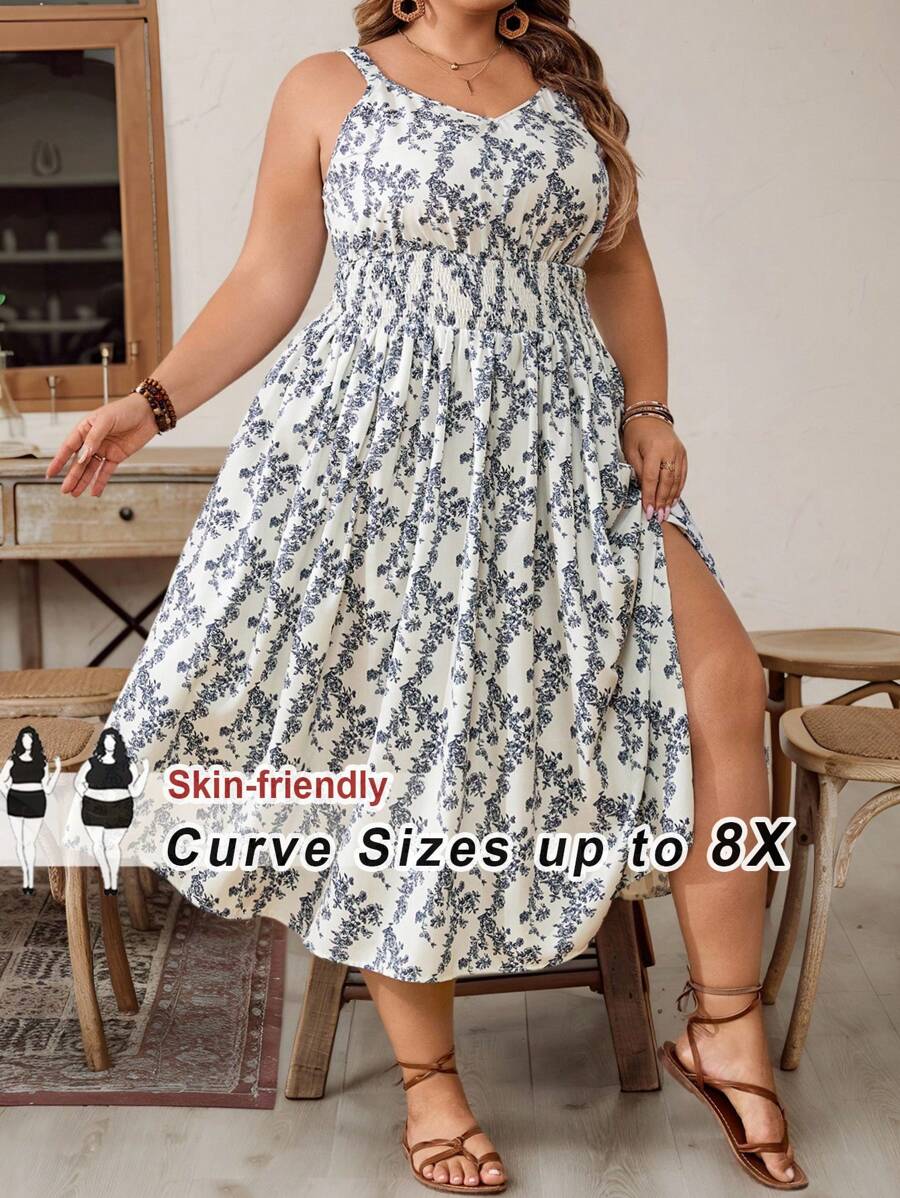 SHEIN CURVE+ Vestido camisola de verano para mujer talla grande con cintura ceñida y estampado de flores diminutas, atuendo perfecto para vacaciones en la playa, graduación, fiesta del té o vacaciones campestres y en la playa.