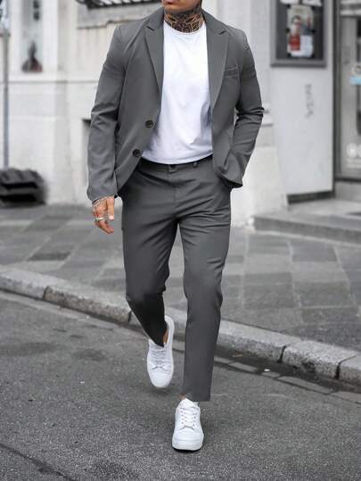 Manfinity Mode Men's Casual Minimalist Business Solid Color Peak Collar Single-Breasted Open Cardigan Jacket Men Casual Suits Men Casual Suit Men Casual Suit Men Dress Outfit Outfits For Men