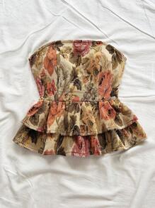 Soleia 全新抹胸露背系带荷叶边蓝色花卉印花修身衬衫 - 彩色 - 查看 4