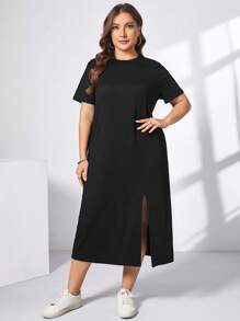 SHEIN Essnce Plus Size Women's Spring And Summer Fashion Casual Loose Comfortable Daily Basic Black Short-Sleeved Slit Mid-Length Dress,Summer Outfits For Women,Church Clothes Women,Old Money Style Women,Modest Dresses For Women