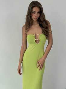 Aloruh Sexy Vixen Snake Metal Buckle Fitted Hollow-Out Maxi Olive Green Bodycon Dress For Women