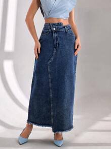 SHEIN Cottnline Jupe en jean mini asymétrique délavée et effilochée pour femmes, style casual - Jean brut - Voir 6